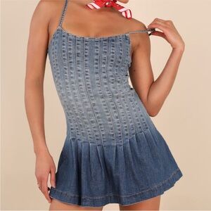 Lulus Mazikeen Medium Wash Ombre Denim Pleated Mini Dress Blue - Size M